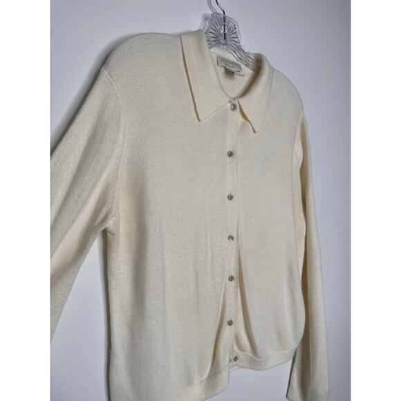 Vintage 70s Express Tricot Ivory Collared Cardigan Sweater Hong Kong Medium - Picture 6 of 11